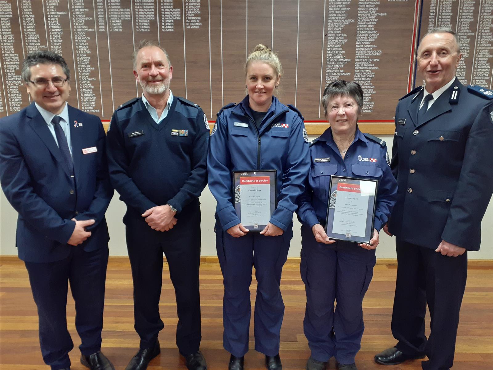 Two Toora members were presented with 5 year certificates: Alex Berry and Terese English, they are with CFO Sam Costanzo, Captain Tim Wright and Commander Andrew McCartney.
